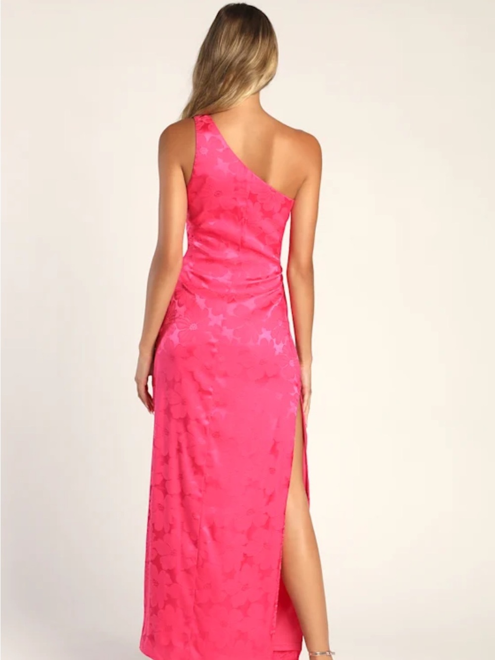 Lulu's Chasing Desire Hot Pink Satin Jacquard One-Shoulder Maxi Dress - Picture 8 of 9